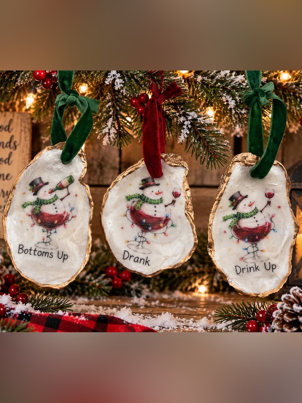 Holiday Snowman Wine Glass Oyster Shell Ornament - Red & Green Ribbon